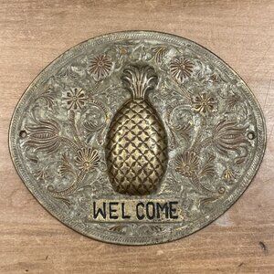 Waccamaw India Brass Pineapple WELCOME Plaque Sign Oval Intricate Embossed VTG